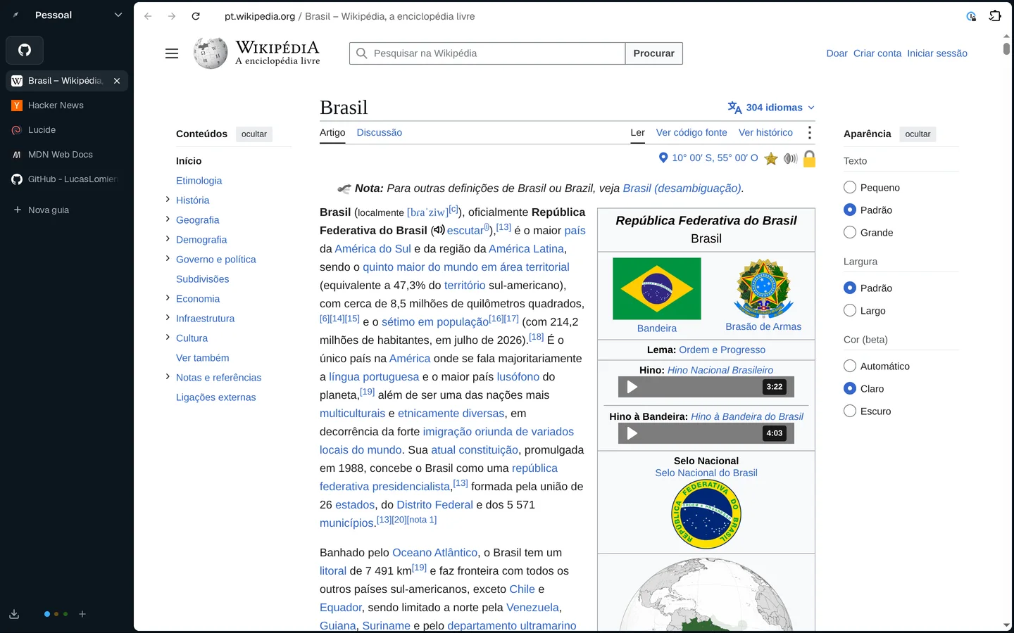 Janela do Norte no espaço Pessoal, com a Wikipédia aberta e as abas na lateral